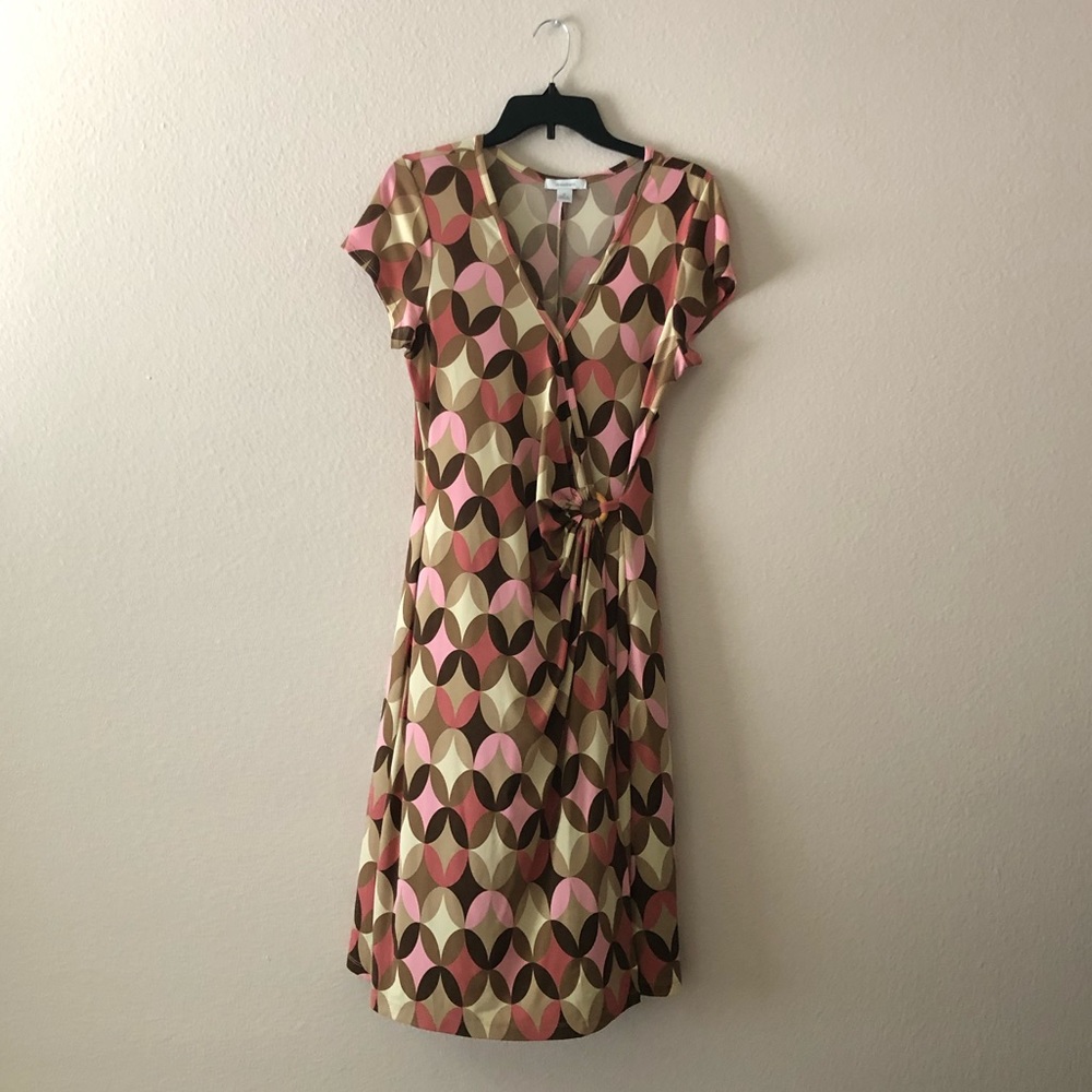 Dressbarn Pink, Tan & Brown Faux Wrap Dress – Size 12 (#529)